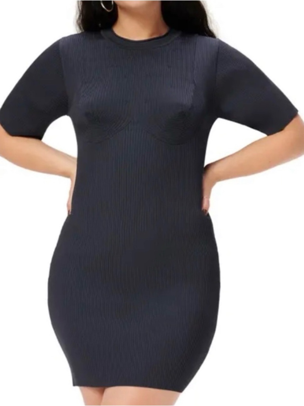 Good American Black Ribbed Short Sleeve Bodycon Dress